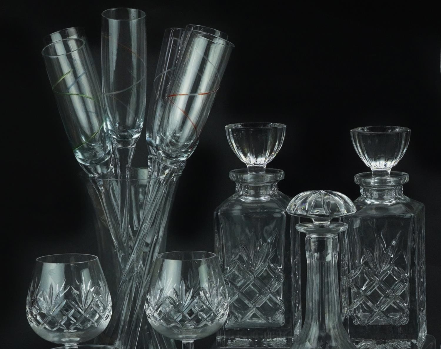 Glassware including Boyne Valley tumblers, three decanters and set of six Champagne flutes, the - Image 2 of 6