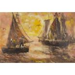 Fishing boats, 1960s European Impressionist oil on board, bearing an indistinct signature, Isioro