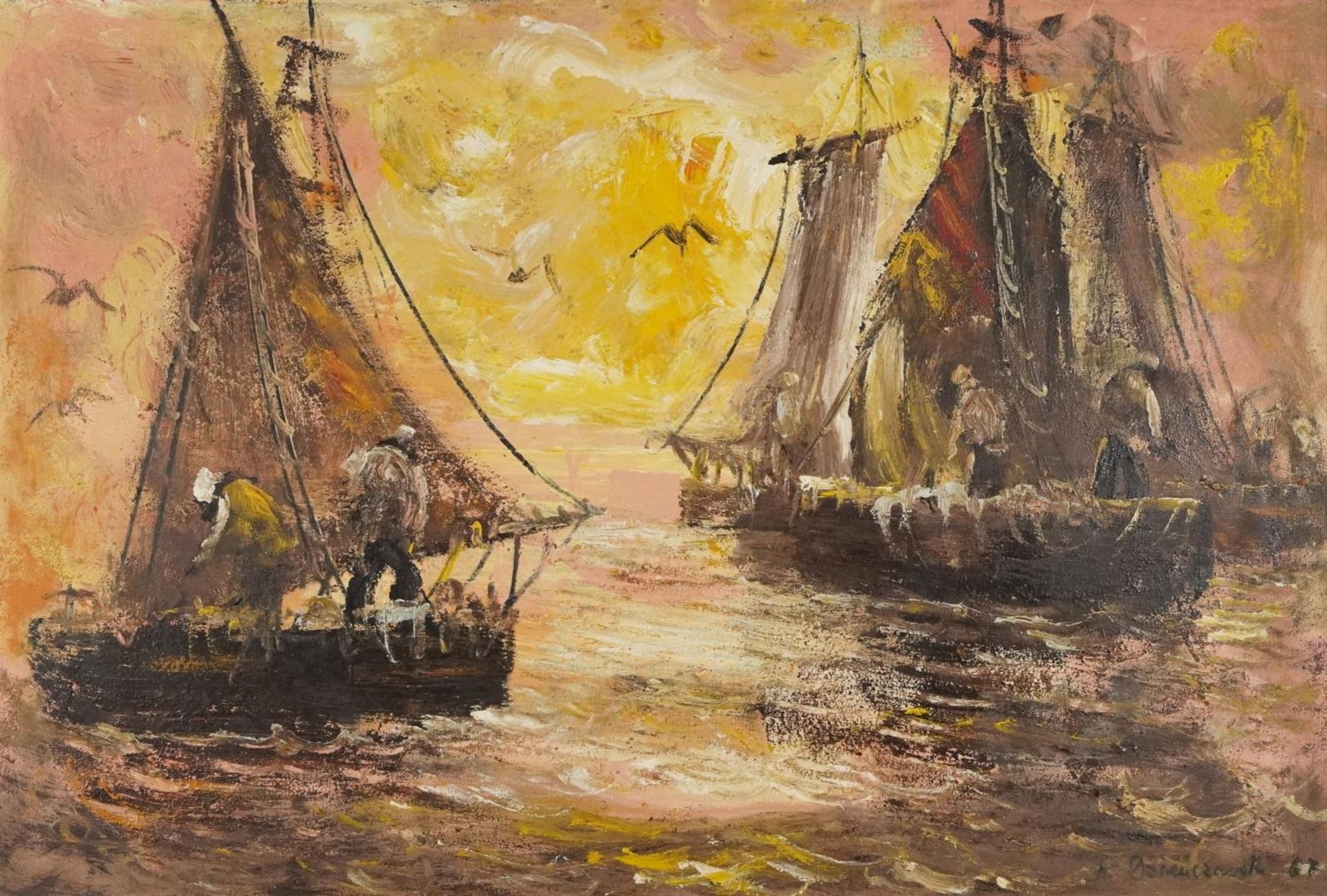 Fishing boats, 1960s European Impressionist oil on board, bearing an indistinct signature, Isioro