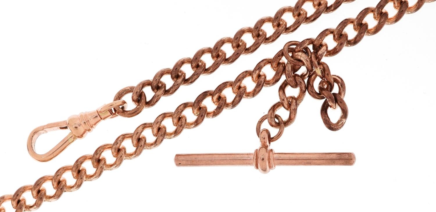 9ct rose gold watch chain with two swivelling dog clip clasps and T bar, 46cm in length, 41.2g