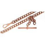 9ct rose gold watch chain with two swivelling dog clip clasps and T bar, 46cm in length, 41.2g