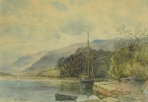 Philip Osment - River with moored boats before mountains, early 20th century watercolour, mounted,