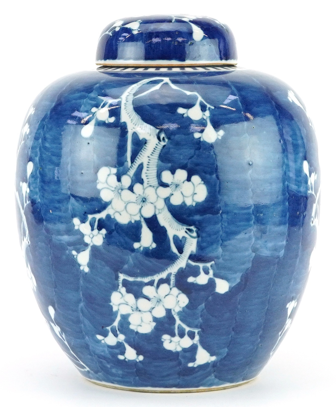 Large Chinese blue and white porcelain ginger jar and cover hand painted with prunus flowers, Kangxi - Image 2 of 6