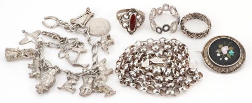 Antique and later silver jewellery including a Victorian pietra dura brooch, Belcher link necklace