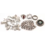 Antique and later silver jewellery including a Victorian pietra dura brooch, Belcher link necklace