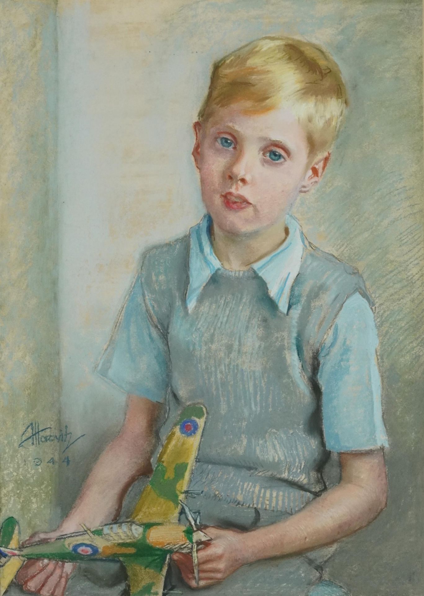 Armin Horovitz 1944 - Portrait of a young boy holding a model of a Spitfire, World War II military