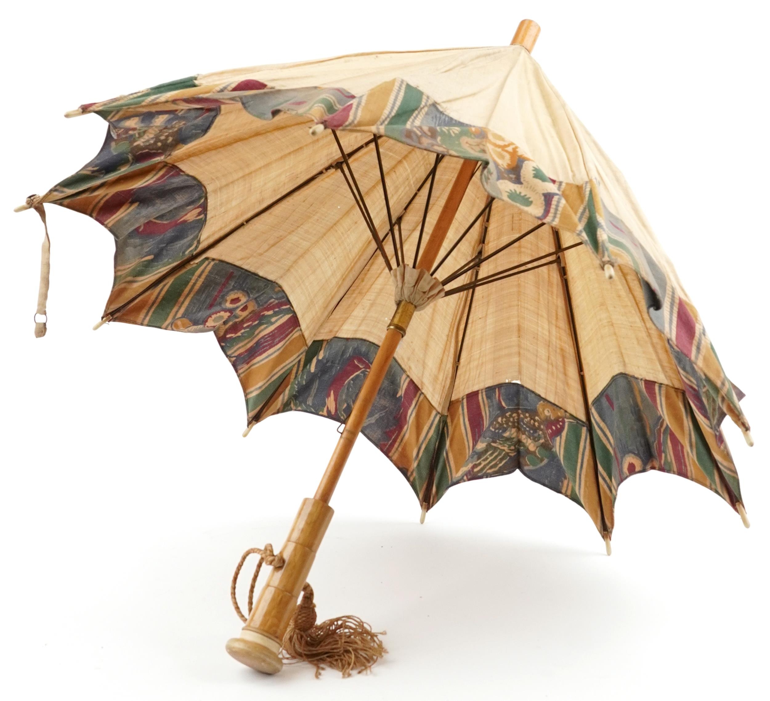 Two early 20th century parasols and a Middle Eastern hardwood walking stick with foliate metal - Image 7 of 7