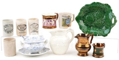 Victorian and later ceramics including four advertising marmalade jars, Sunderland lustre mug,