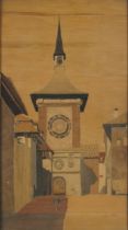 The Zytglogge Clock Tower, Berne, Switzerland, Rectangular parquetry inlaid panel, signed