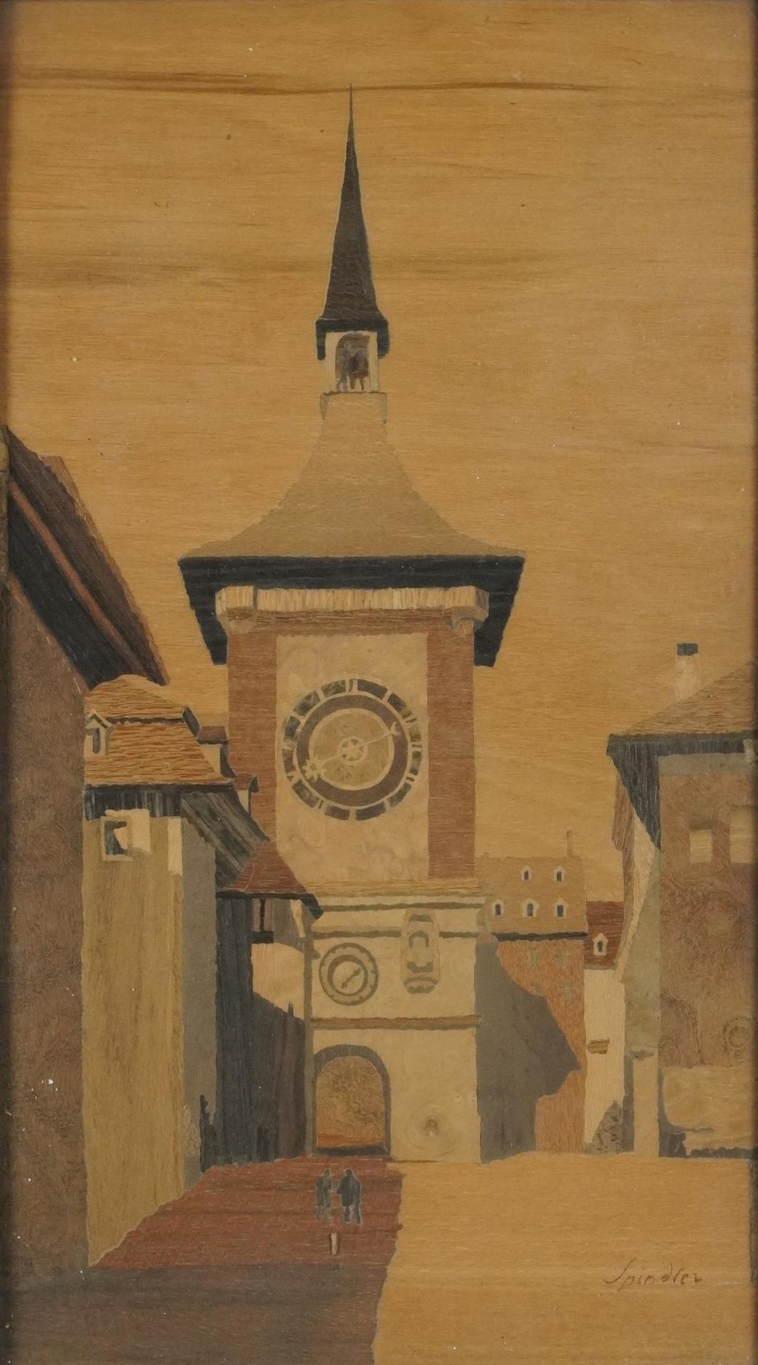 The Zytglogge Clock Tower, Berne, Switzerland, Rectangular parquetry inlaid panel, signed