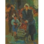 Christiane Caillotin - Market scene with mother and pushchair, contemporary French Impressionist oil