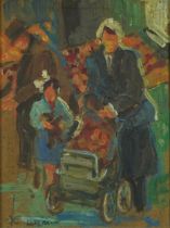 Christiane Caillotin - Market scene with mother and pushchair, contemporary French Impressionist oil