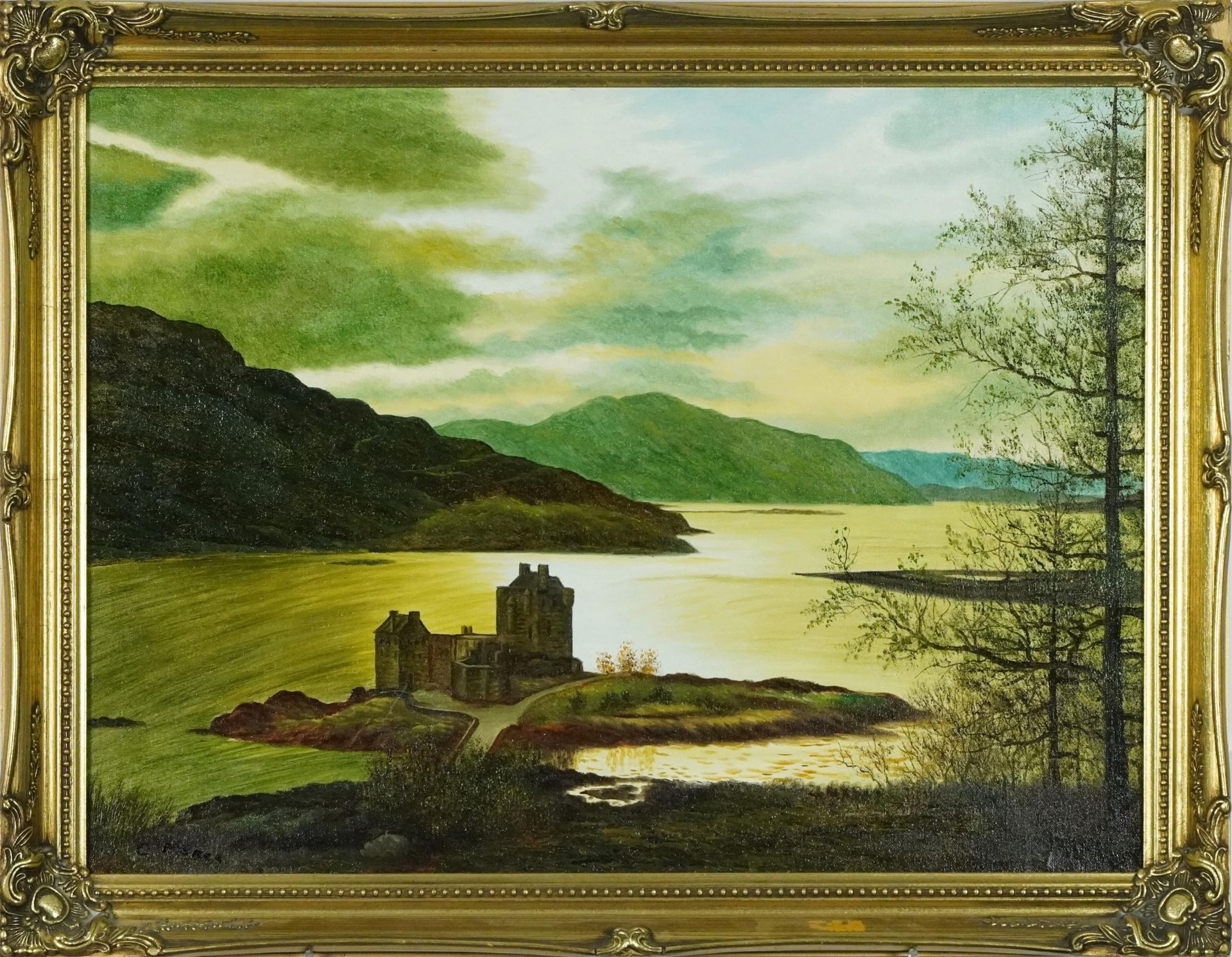 C Meres - Dornie Wester Ross, castle and loch Scotland, oil on board, inscribed verso, framed, 59. - Image 2 of 5