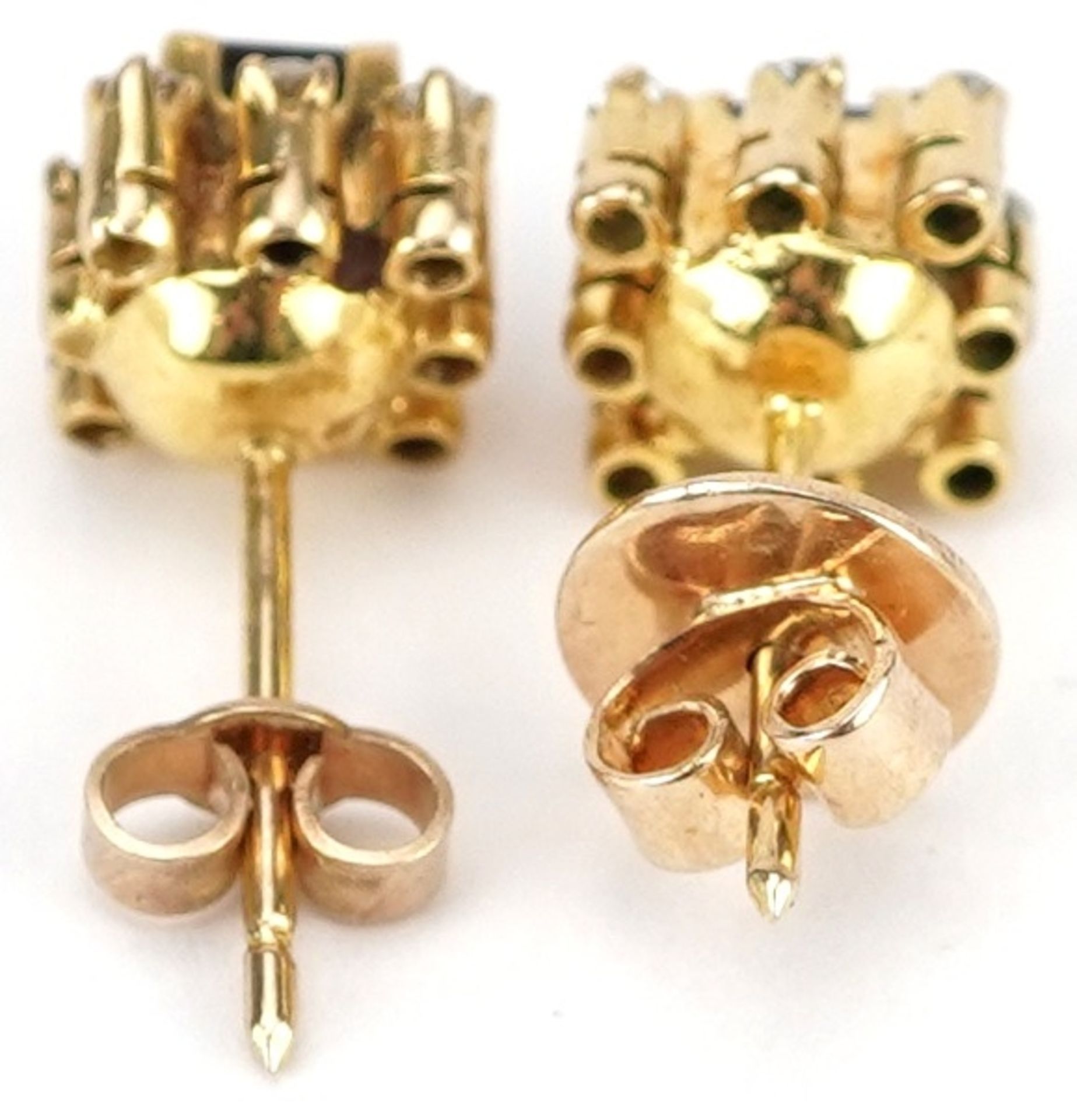 Pair of unmarked gold sapphire and diamond square cluster stud earrings, tests as 18ct gold, each - Image 2 of 2