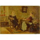 Pierrot and female in an interior, European school coloured photograph on card, 27cm x 19.5cm