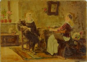 Pierrot and female in an interior, European school coloured photograph on card, 27cm x 19.5cm