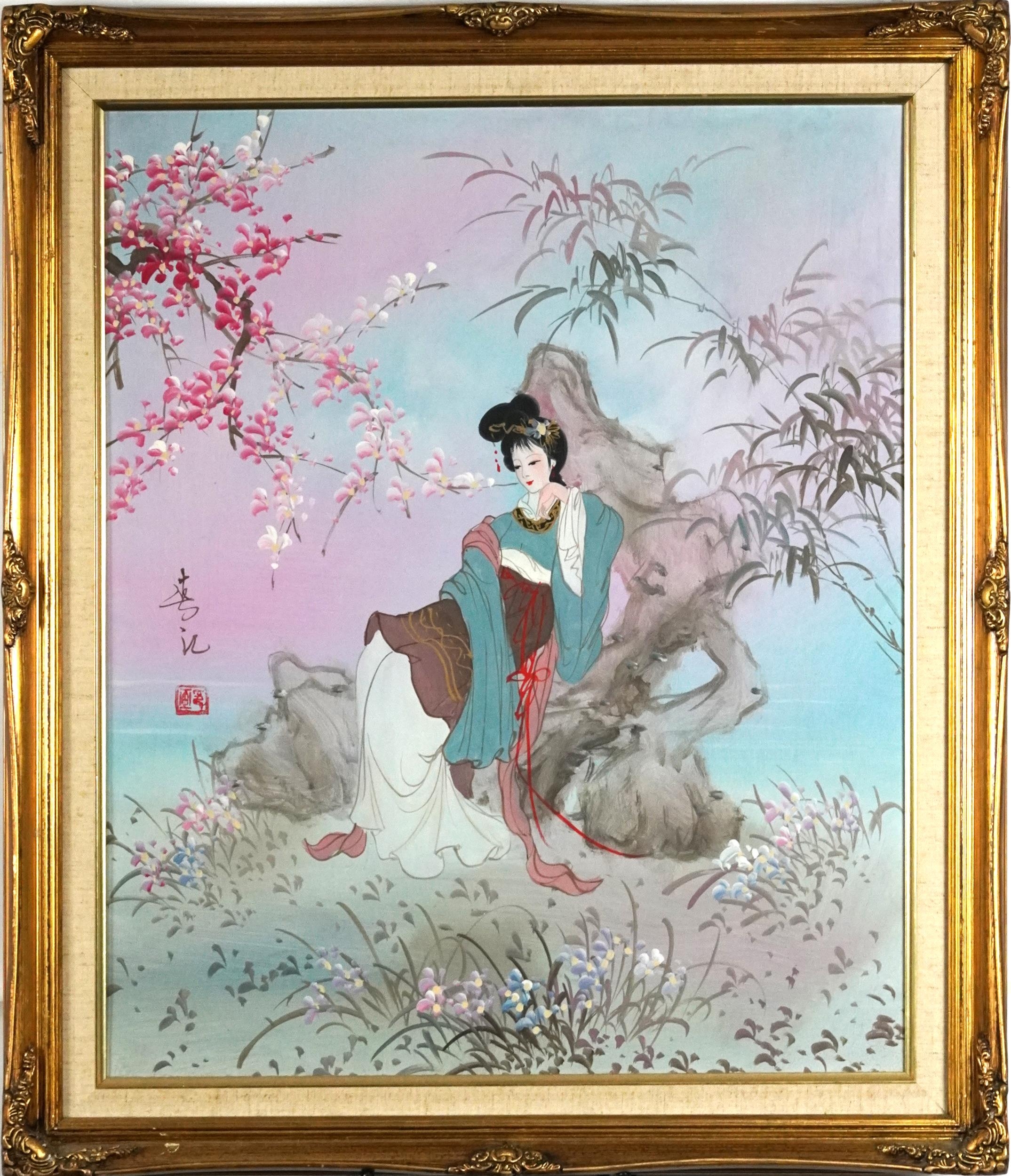 Young females beside flowers before water, two Chinese school oil on canvases, each with - Image 7 of 9