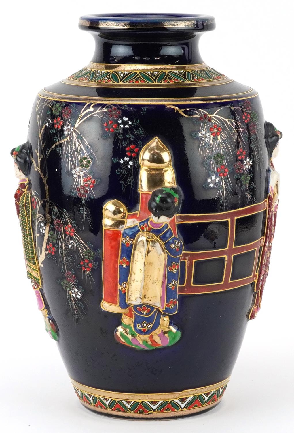Japanese Satsuma pottery vase hand painted and decorated in relief with young females, character - Image 2 of 7