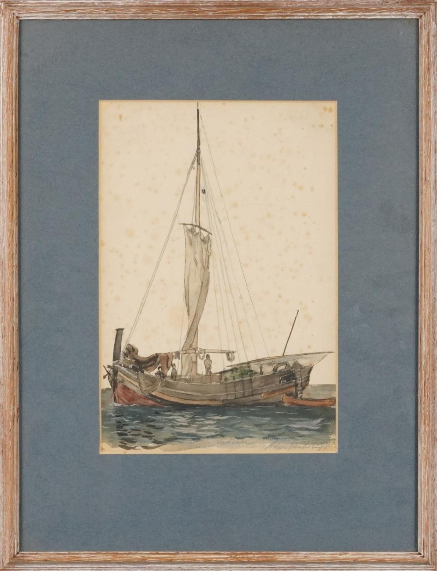 Hans Dahl 1873 - Fishing boat, late 19th century Norwegian school pencil and watercolour, mounted, - Bild 2 aus 5