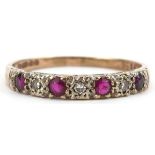 9ct gold diamond and ruby half eternity ring, size T, 2.0g