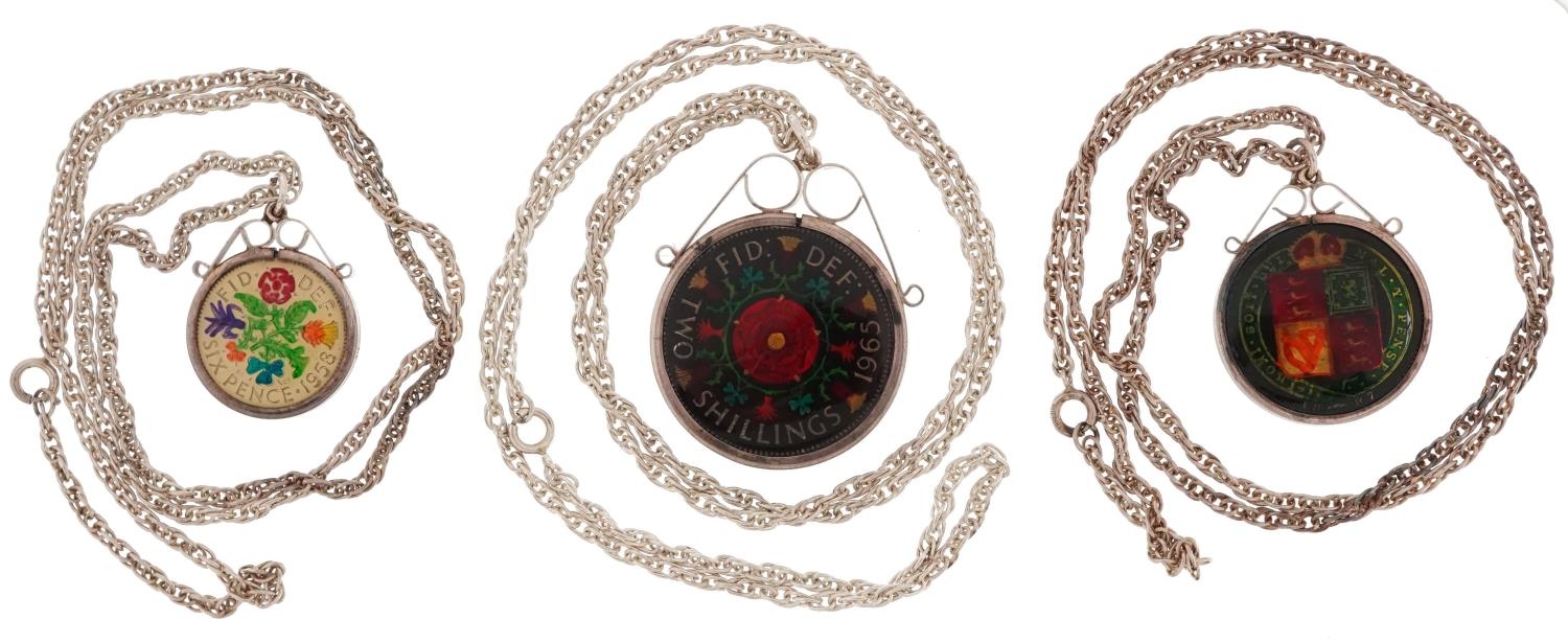 Three silver mounted enamel coin pendants on silver necklaces comprising two shillings, one shilling - Image 2 of 3