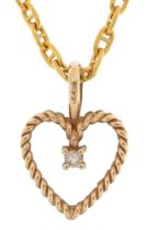 9ct gold diamond love heart pendant on a 9ct gold necklace, 1.5cm high and 50cm in length, 2.4g