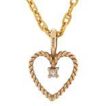 9ct gold diamond love heart pendant on a 9ct gold necklace, 1.5cm high and 50cm in length, 2.4g