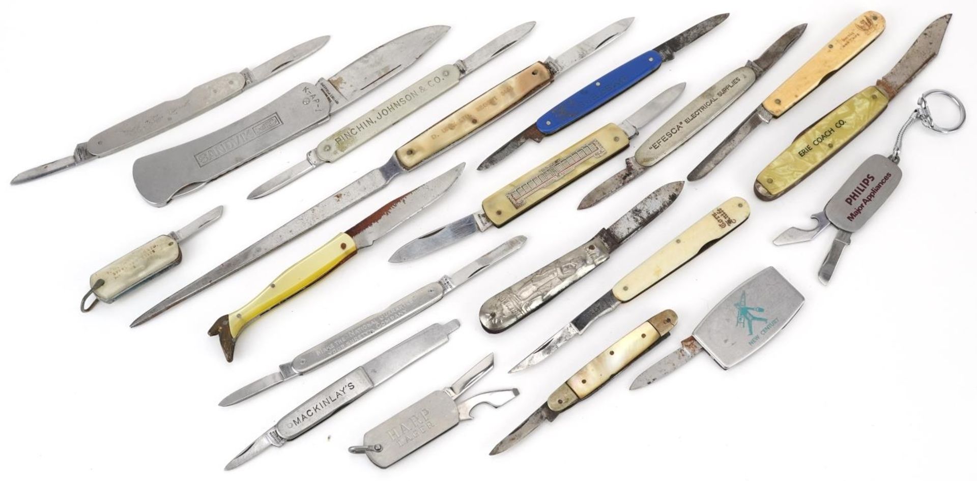 Collection of vintage advertising penknives and pocket tools, including Hoover Ltd, Sandvik, Harp