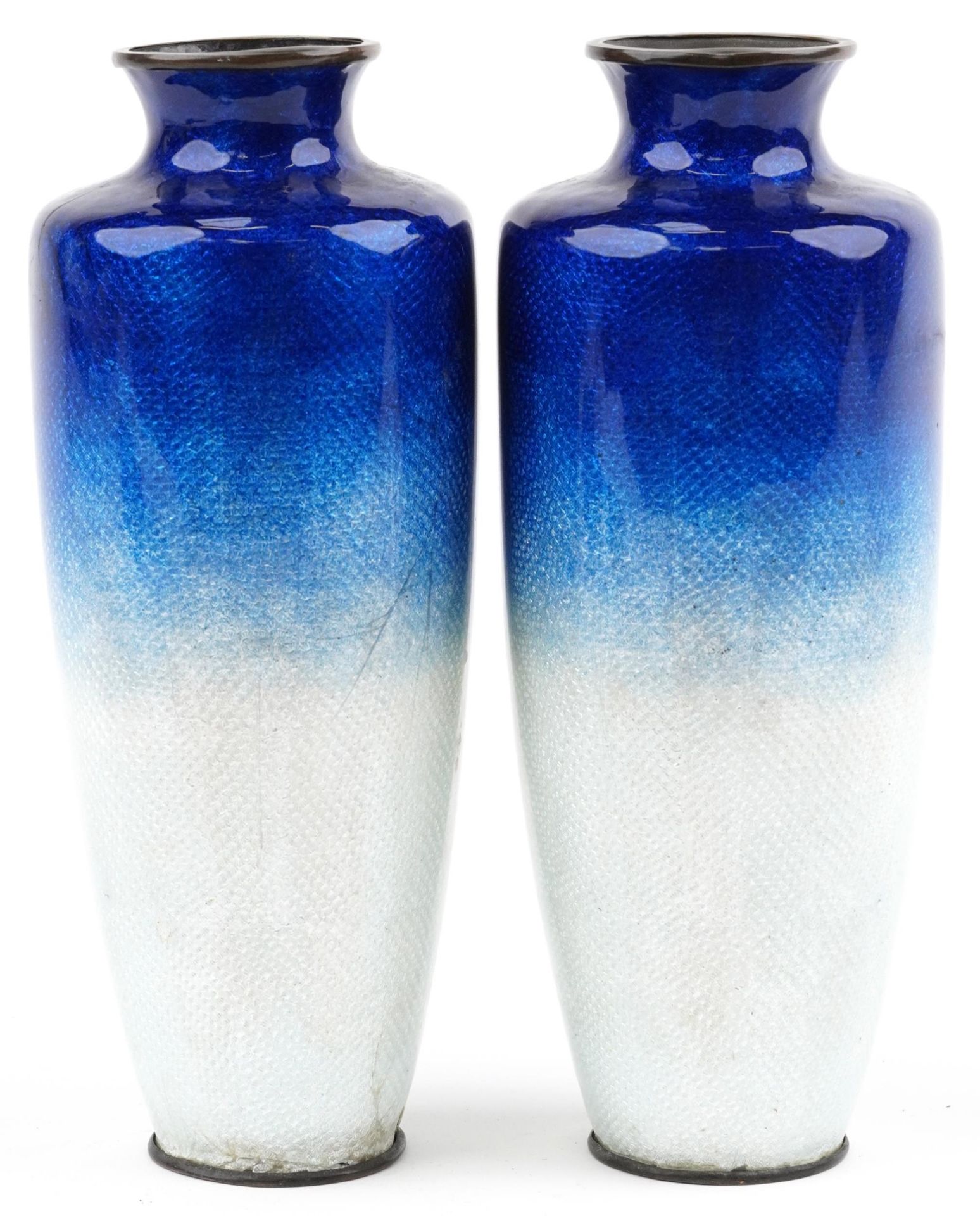 Pair of Japanese blue and white ground cloisonne vases enamelled with flowers, each 24.5cm high - Image 3 of 6