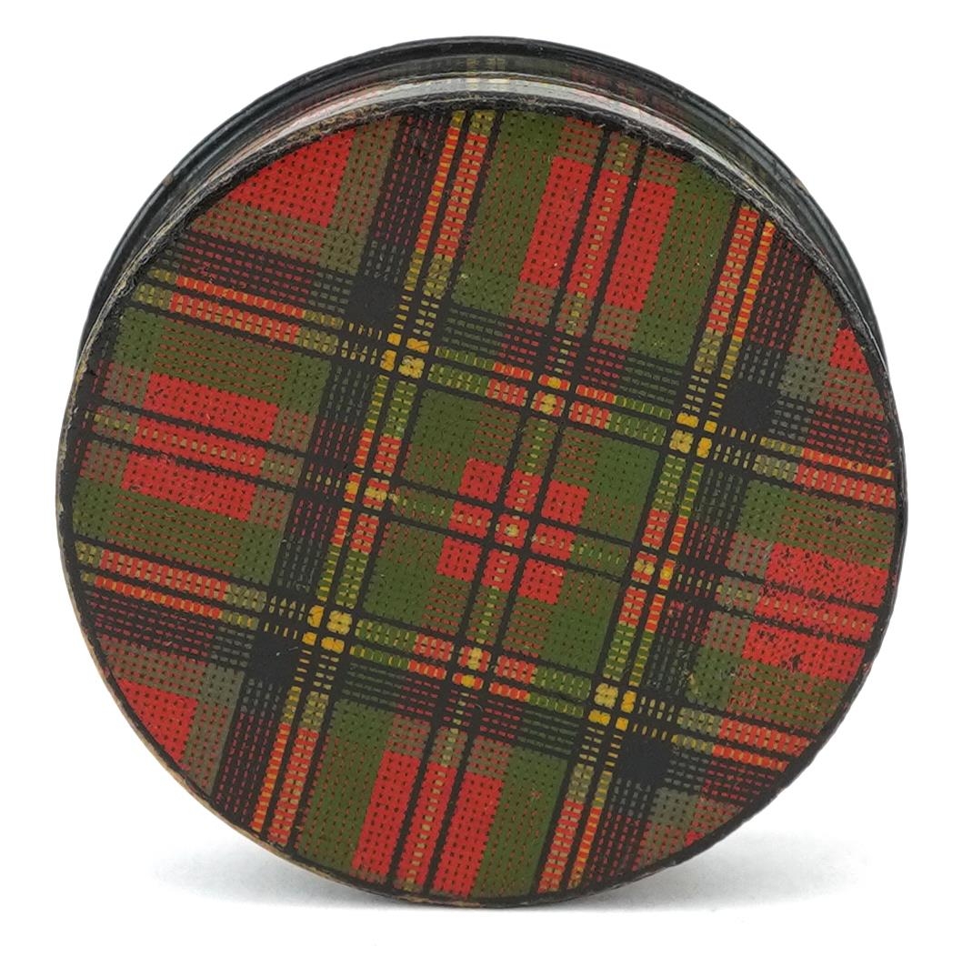 Victorian tartan ware Prince Charlie circular stamp box and a silver stamp case enamelled with a - Image 5 of 5