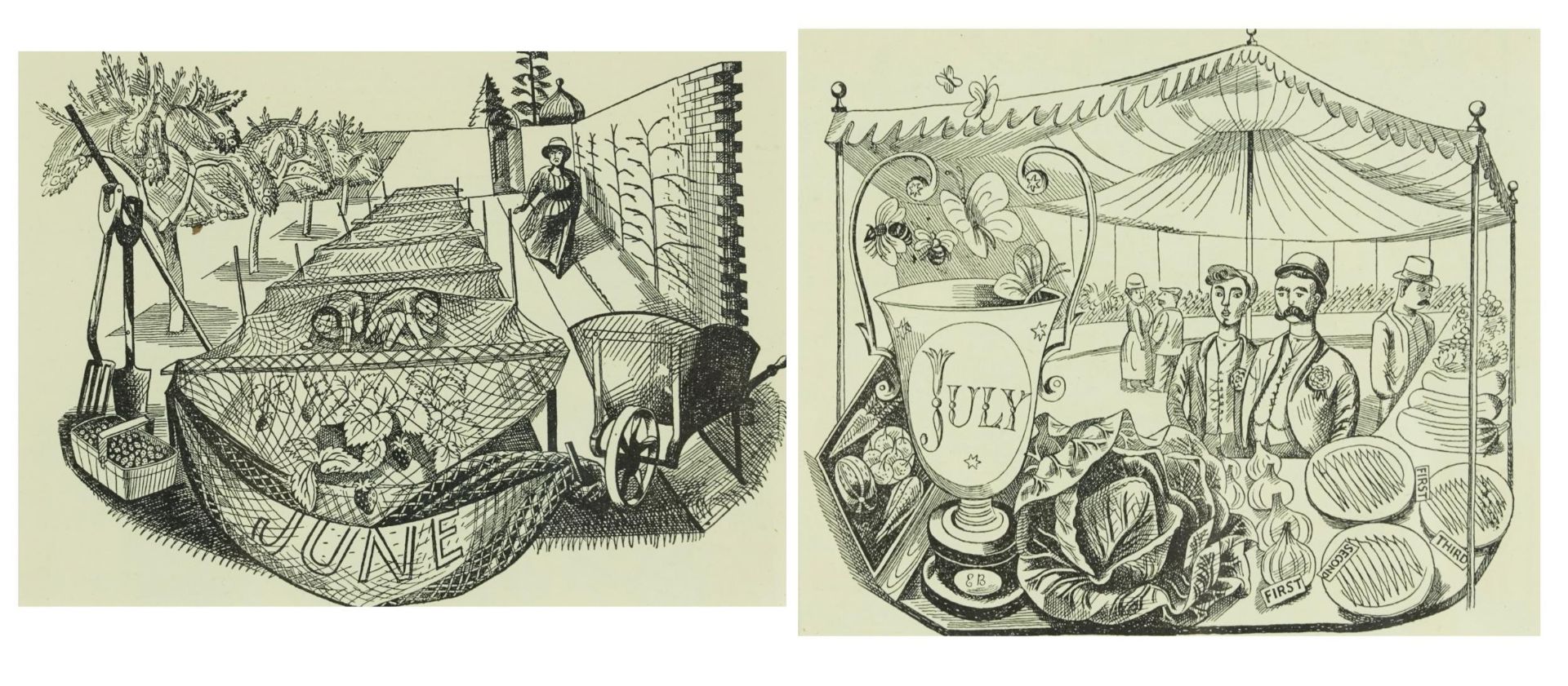 Edward Bawden - June and July, two lithographic prints, published in Signature 3, each inscribed