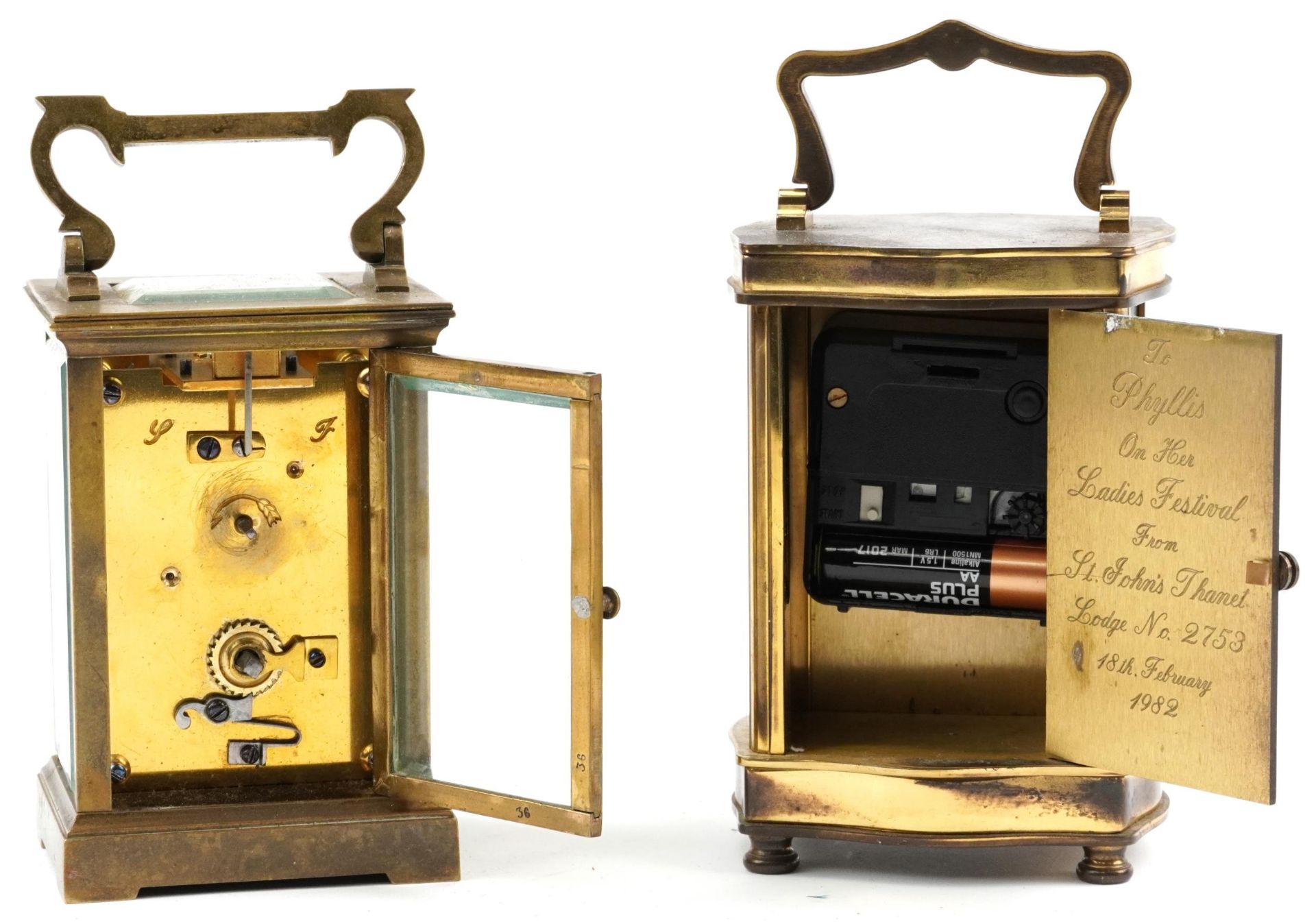 Two brass cased carriage clocks including an example with serpentine case having enamelled dial with - Image 4 of 5