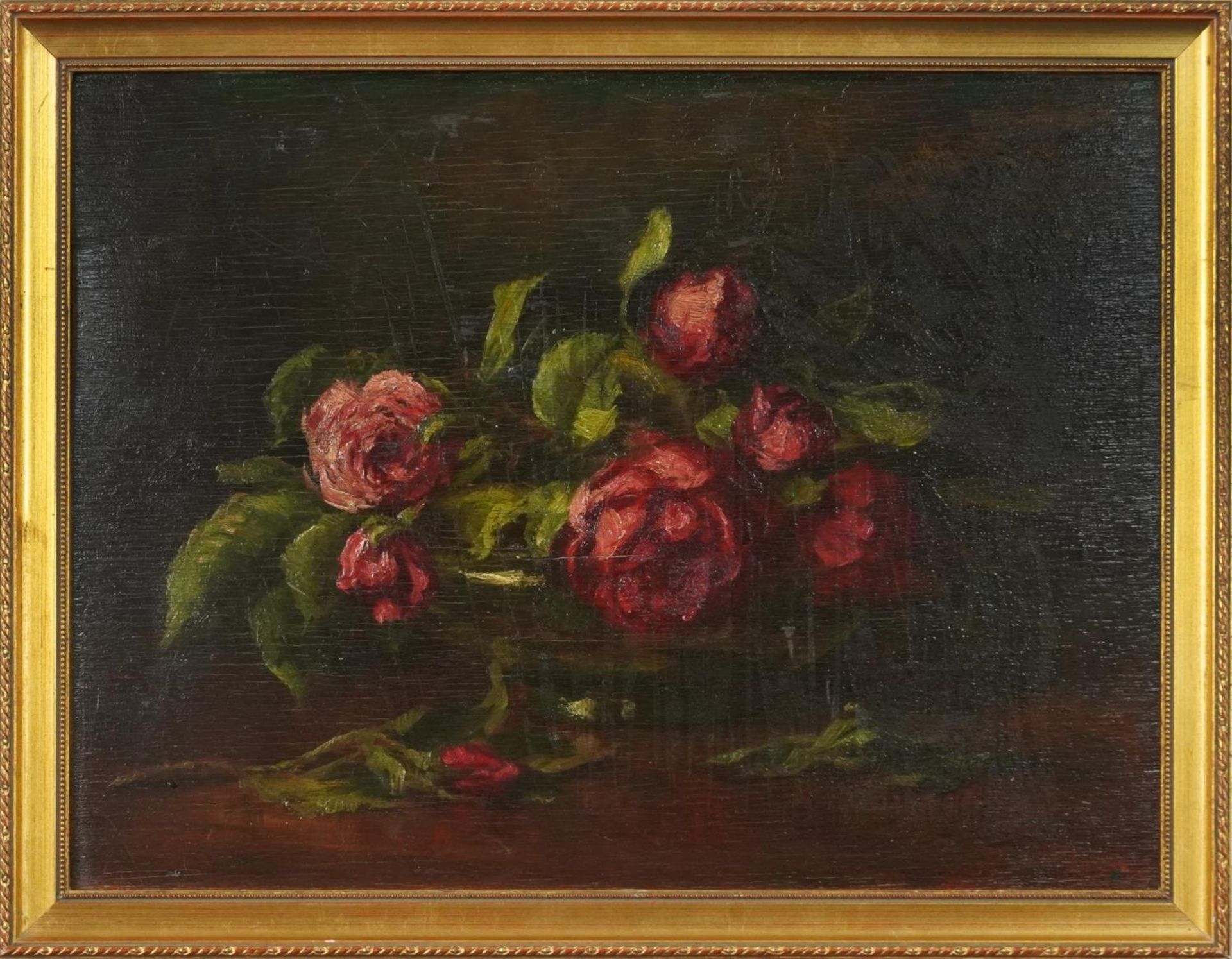 Still life roses in a bowl, oil on wood panel, indistinctly inscribed verso, framed, 39cm x 29.5cm - Image 2 of 6