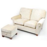 Contemporary beige upholstered two seater settee with matching footstool, 100cm H x 145cm W x