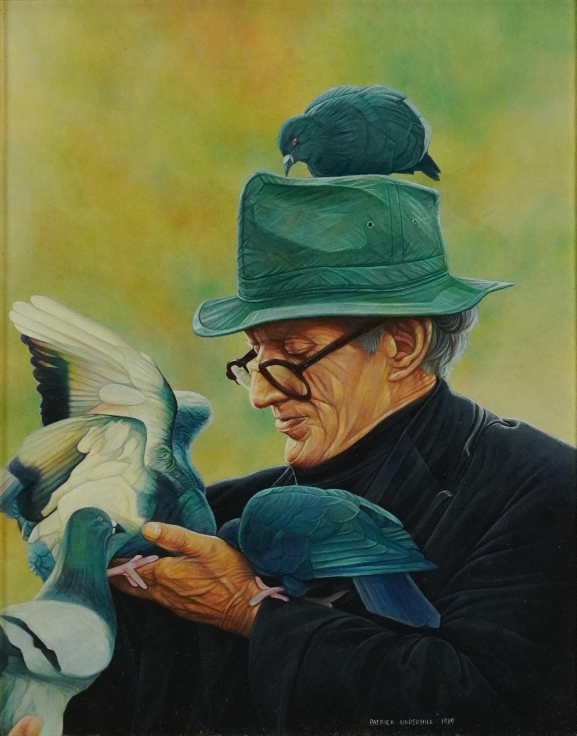 Patrick Underhill 1989 - The Bird Man, contemporary oil on board, mounted and framed, 24cm x 18.