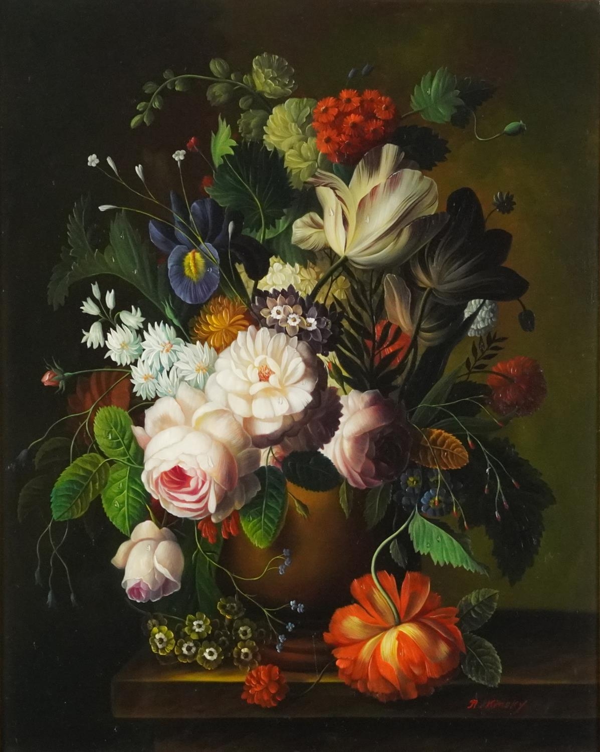 N Kinsky - Still life flowers in a vase, Old Master style oil on wood panel, mounted and framed,