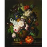 N Kinsky - Still life flowers in a vase, Old Master style oil on wood panel, mounted and framed,