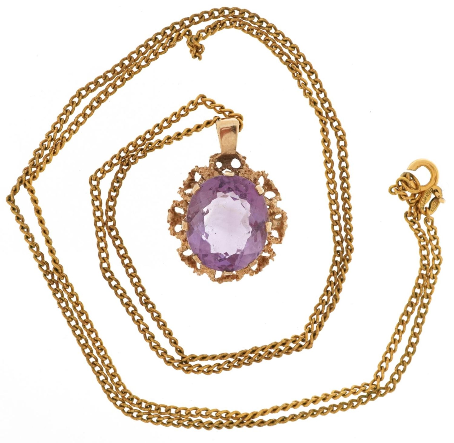 Modernist 9ct gold amethyst pendant with pierced flower head setting on a gold plated necklace, 2. - Bild 2 aus 4