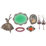 Silver jewellery including a brooch in the form of a ballerina by D H Phillips Ltd, hand painted