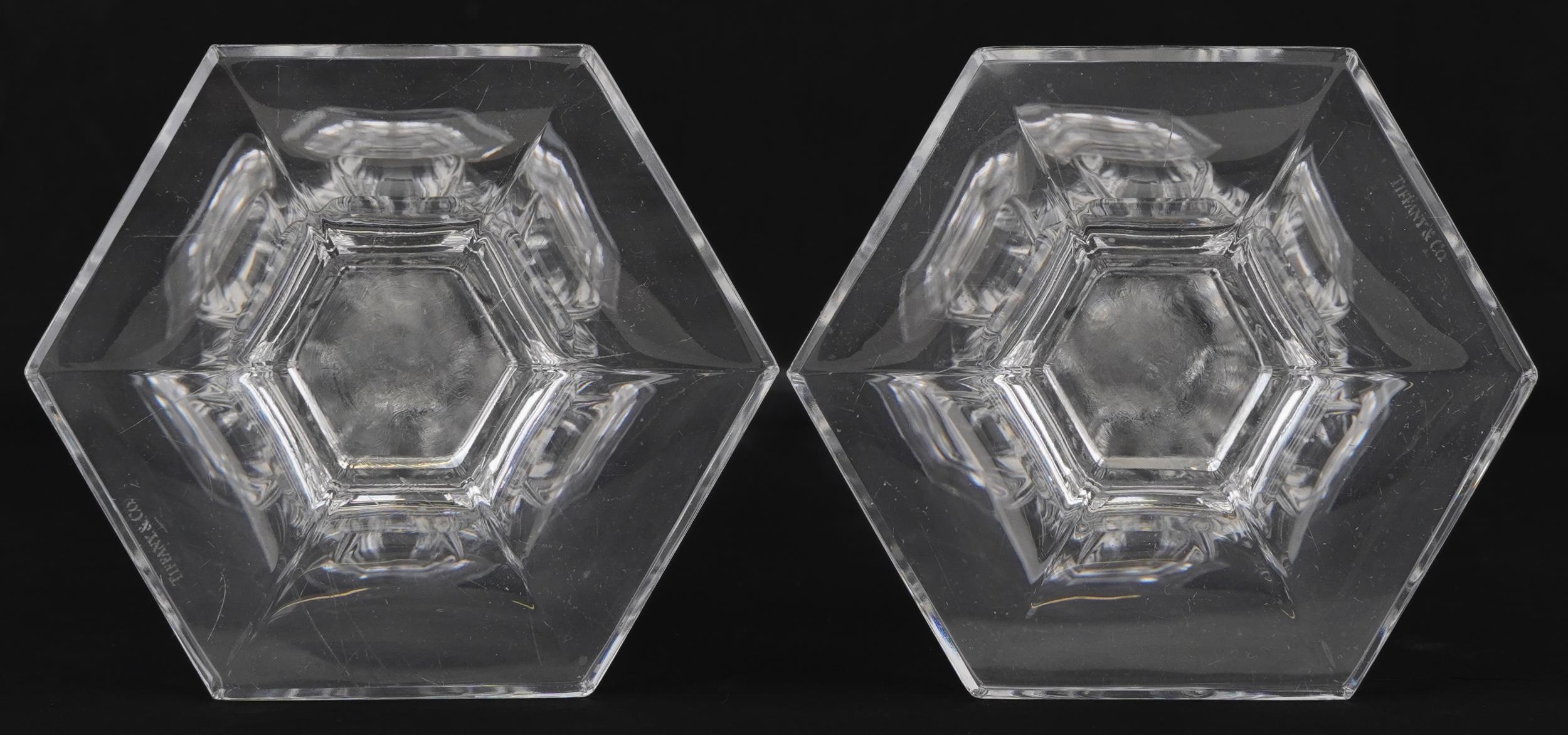 Pair of Tiffany & Co hexagonal glass candlesticks, each 24cm high - Image 3 of 4