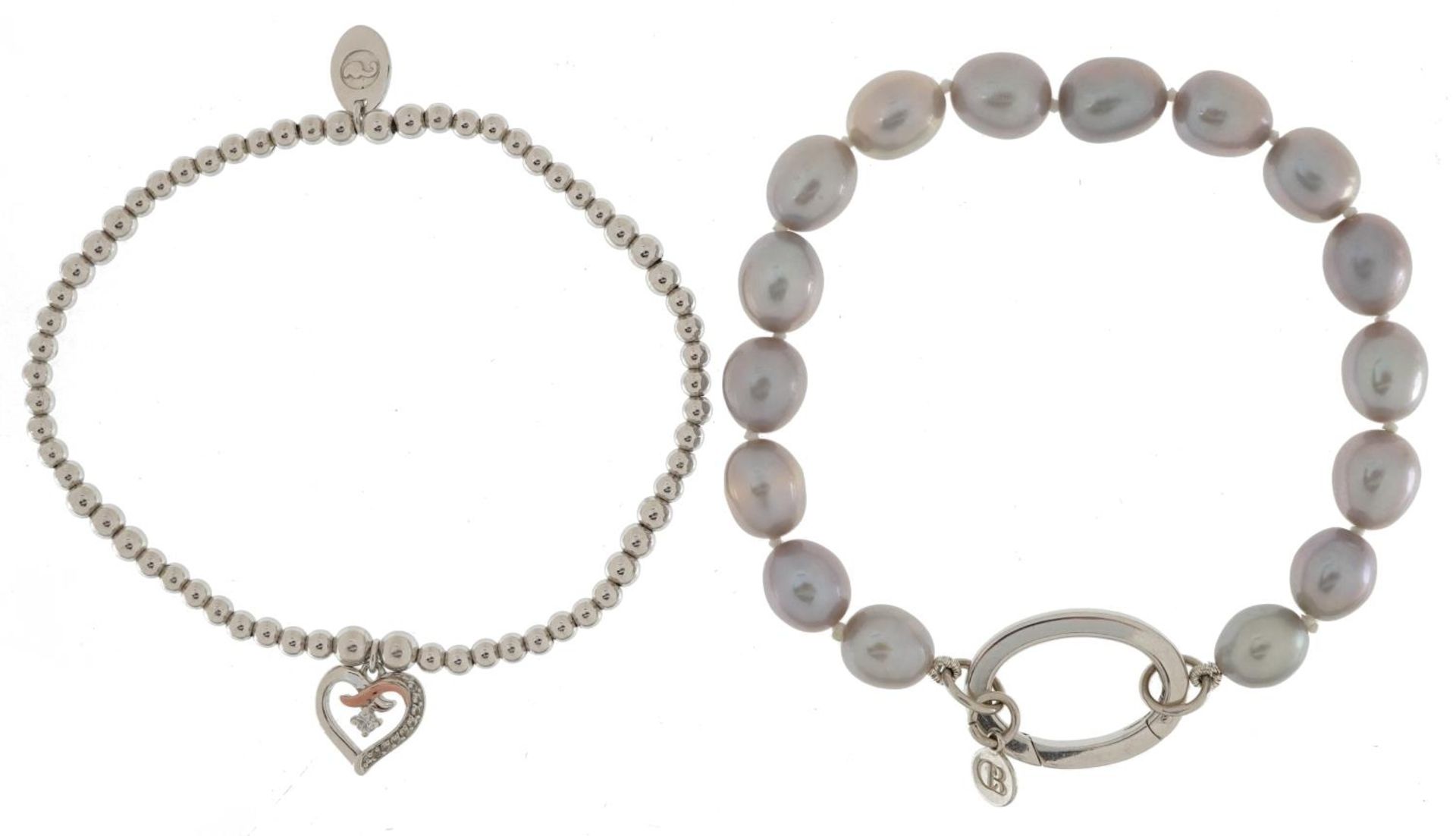 Clogau, Welsh silver clear stone love heart bracelet and a freshwater pearl bracelet with silver - Bild 2 aus 12