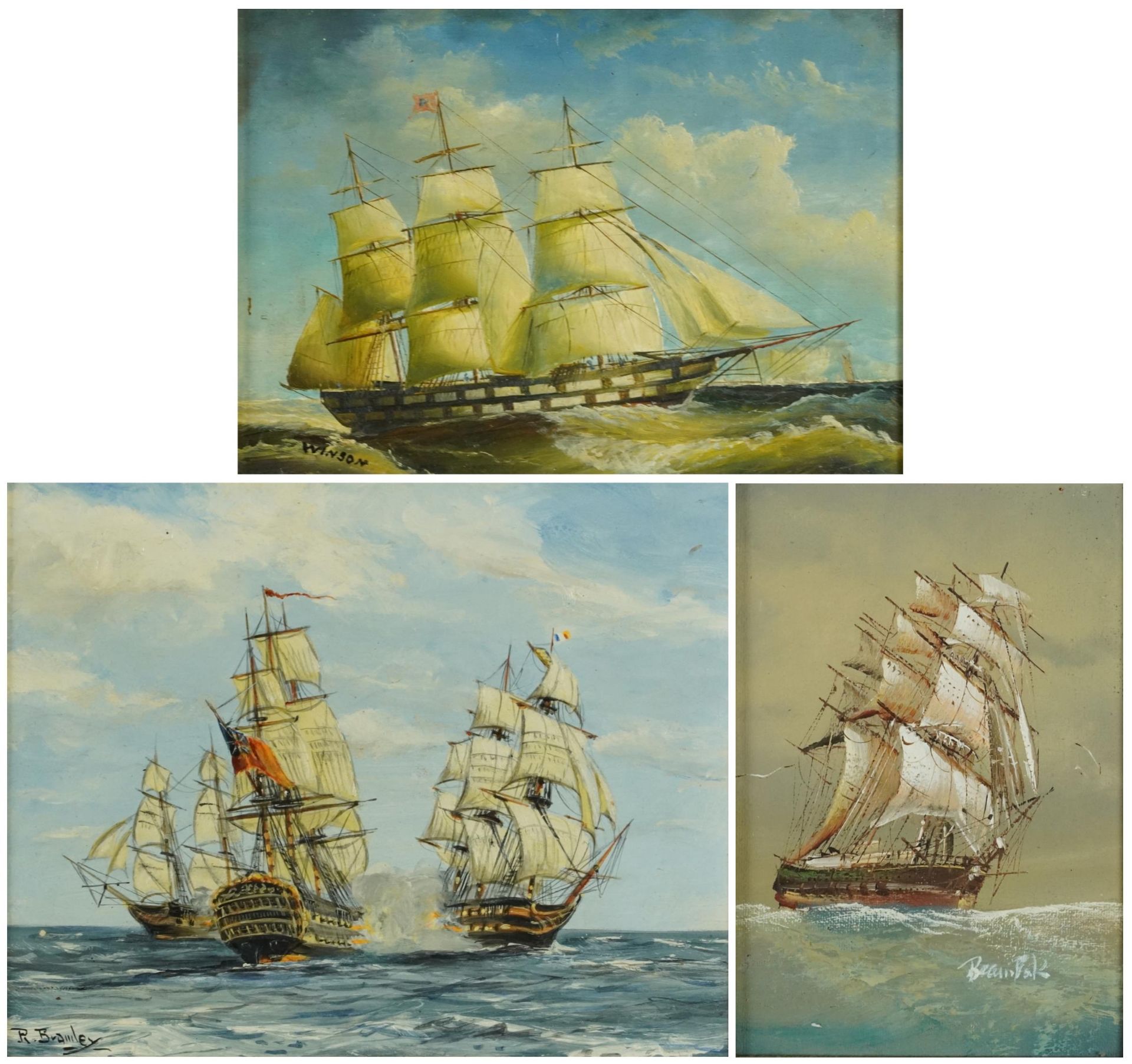 Men-O-War, three naval interest oil on boards including two signed R Bramley and Winson, each