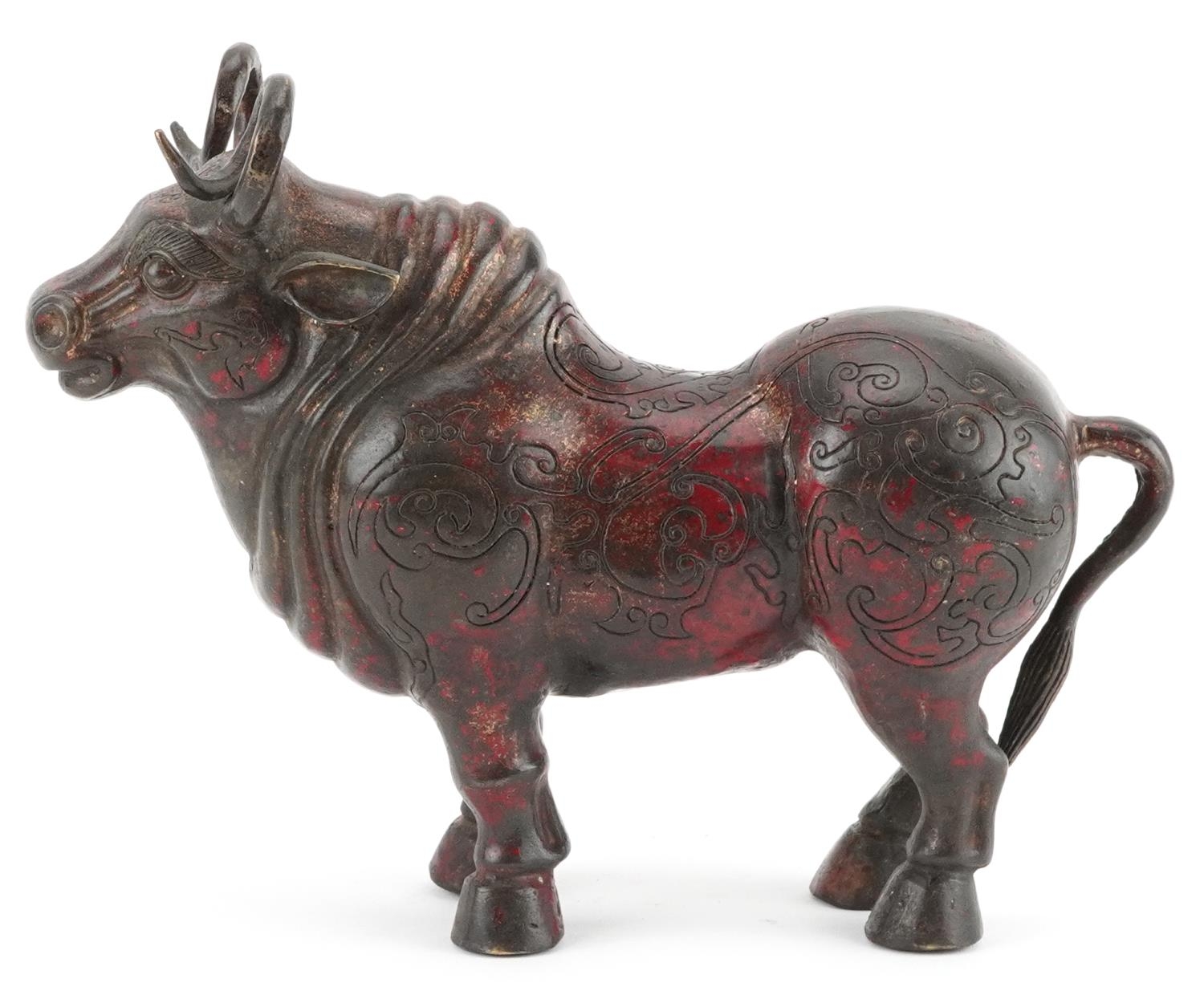 Chinese partially gilt and red lacquered bronze mythical animal, 22.5cm in length - Image 2 of 7