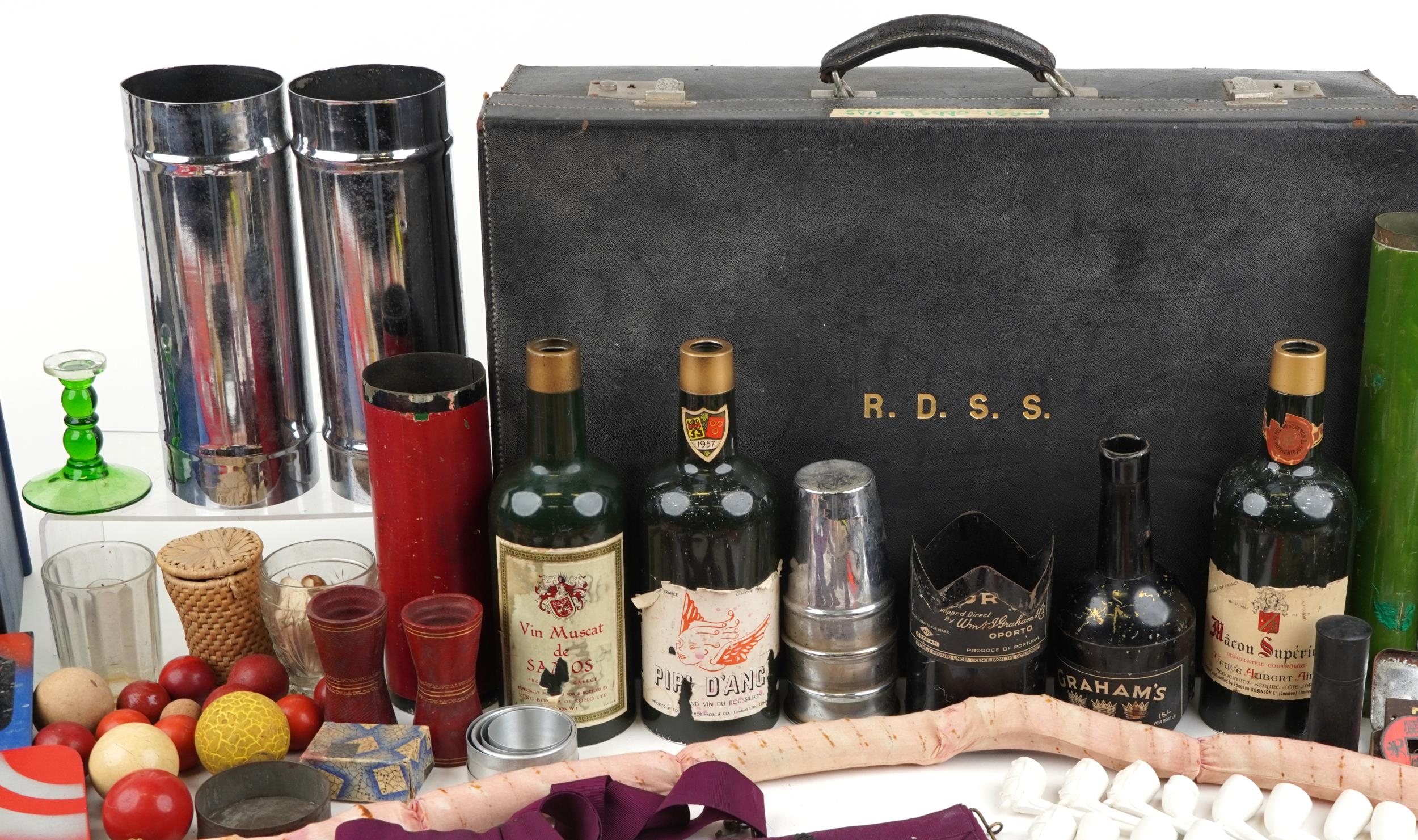 Collection of vintage magician tricks and props including tinplate bottles, playing cards, cups & - Image 3 of 7