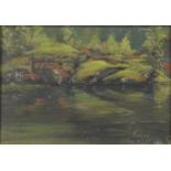 Hans Dahl 1883 - Rocks beside a lake, late 19th century Norwegian school oil on canvas, mounted
