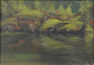 Hans Dahl 1883 - Rocks beside a lake, late 19th century Norwegian school oil on canvas, mounted