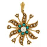Edwardian style 9ct gold seed pearl and turquoise starburst pendant, 3.5cm high, 4.3g