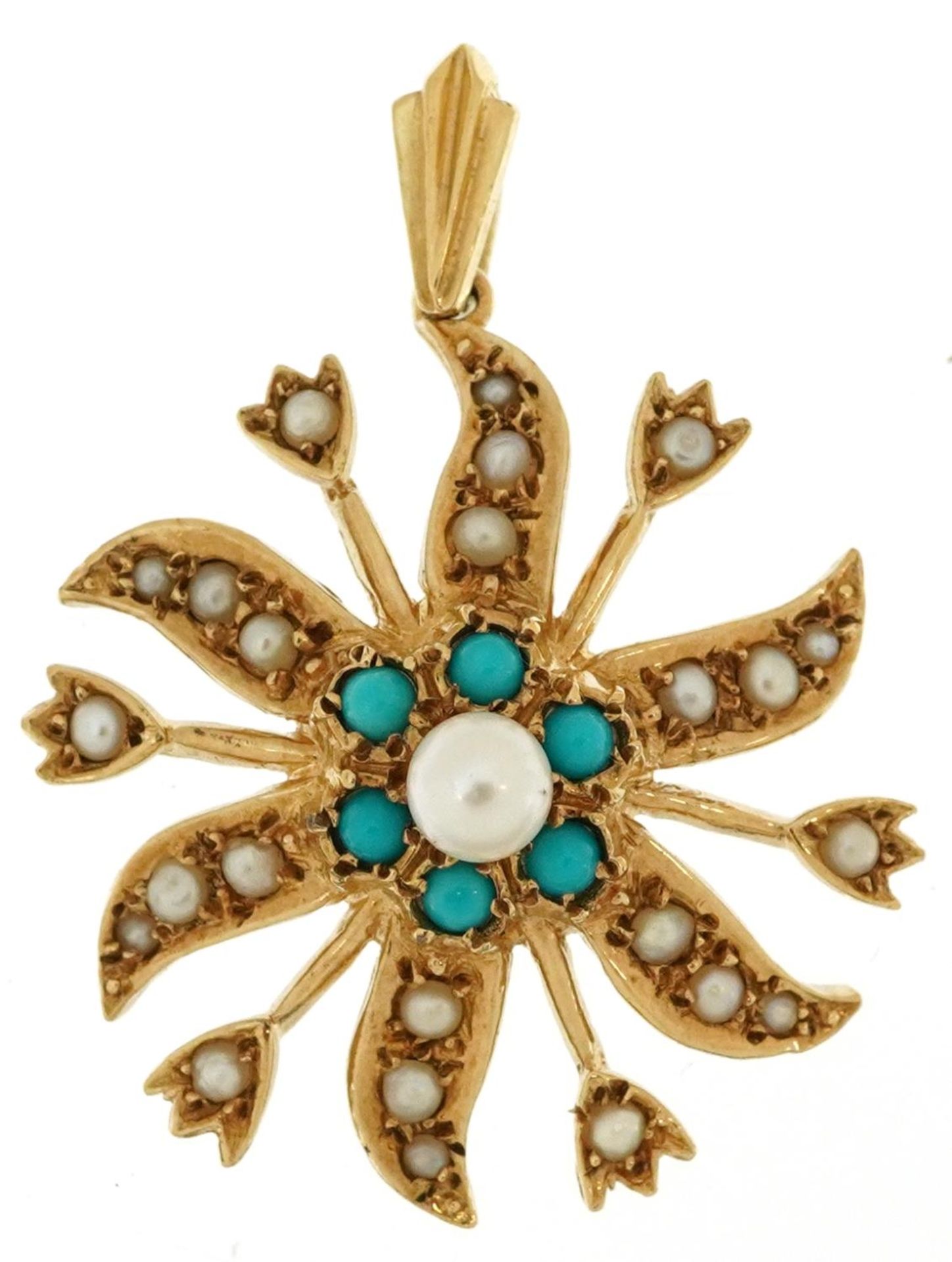 Edwardian style 9ct gold seed pearl and turquoise starburst pendant, 3.5cm high, 4.3g
