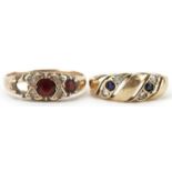 Two 9ct gold rings set with garnets, sapphires and clear stones, sizes K and N, total 4.0g