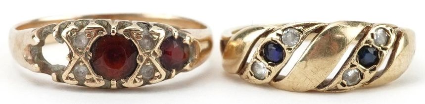 Two 9ct gold rings set with garnets, sapphires and clear stones, sizes K and N, total 4.0g